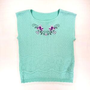Vintage 80's Embroidered Cottagecore Sleeveless Mint Green Sweater